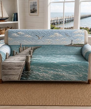 Coastal Blue Quilted Sofa Slipcover — Beach-Inspired Furniture Protector For Sectional & Sofa, Pet-Friendly, Machine Washable, 3-Seater Fit