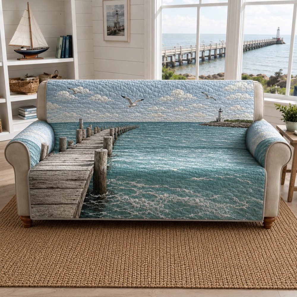 Coastal Blue Quilted Sofa Slipcover — Beach-Inspired Furniture Protector For Sectional & Sofa, Pet-Friendly, Machine Washable, 3-Seater Fit