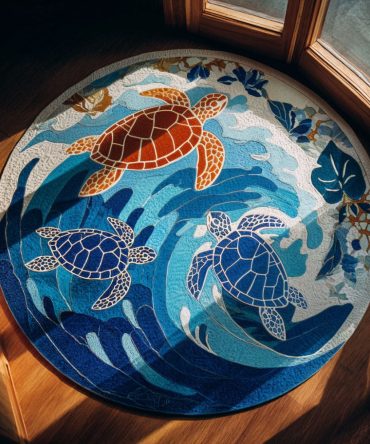 Ocean Keeper Round Rug - Deep Ocean-Blue Shell Design, Stain-Resistant Low-Pile Circular Rug With Skid-Proof Backing For Busy Homes And Coastal Spaces