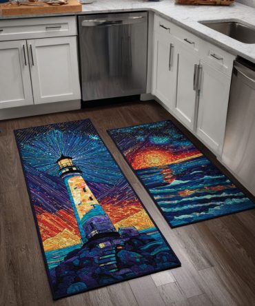 Ocean Lighthouse Coastal Kitchen Rug - Nautical Lighthouse Design Non-Slip Runner, Machine Washable, Soft Microfiber, Anti-Fatigue Comfort