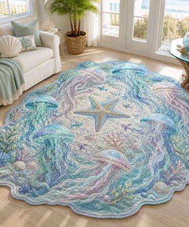 Ocean Petals Floral Rug - Shell & Sea Bloom Shaped Area Rug, Soft Plush Coastal Botanical Floor Accent With Non-Slip Backing
