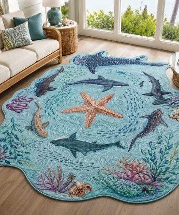 Ocean Predators Rug - Shark & Predator Fish Shaped Floor Mat, High-Contrast Coastal Accent With Low-Profile Pile And Non-Slip Backing