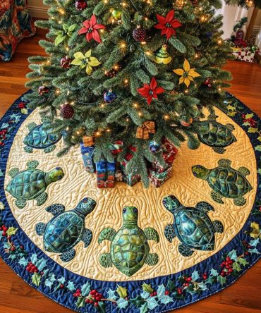 Ocean Spirit Quilted Christmas Tree Skirt — Marine Motif Holiday Mat, 52-Inch Cotton Blend, Machine-Washable Coastal Accent