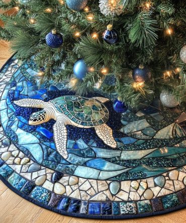 Ocean Tides Turtle Quilted Tree Skirt — Sea Turtle Holiday Cover With Coastal Quilting, Soft Textures & Easy Care, Perfect Beach Home Accent