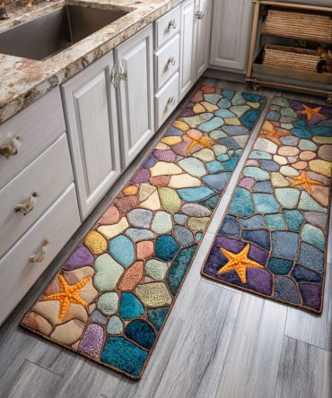 Ocean View Seaside Kitchen Rug - Fade-Resistant Non-Slip Microfiber Mat For Beach-Style Kitchens, Machine Washable, Cushioned Comfort