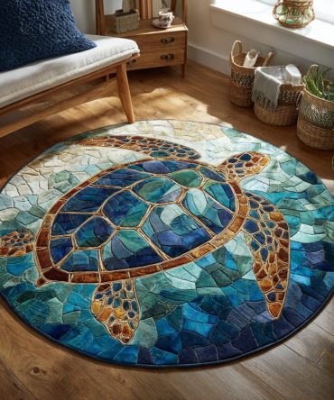 Coastal Ocean Wanderer Round Rug — Soft Teal & Blue Plush Area Rug For Living Room, Beach House Accent Carpet