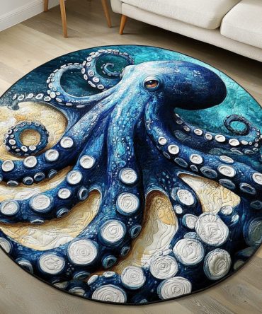 Ocean Blue Octopus Plush Round Rug - Soft Nautical Area Rug For Kids Bedrooms, Playrooms & Living Rooms, Non-Slip