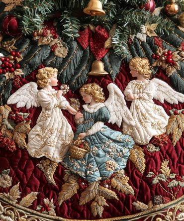 Ornaments Of Heaven Quilted Tree Skirt — Elegant Halo Ornament Motif, Premium Holiday Tree Base Cover For Festive Living Spaces