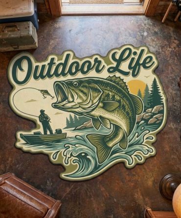 Outdoor Bass Trail Rug — Rugged Bass-Shaped Area Rug For Campsites & Patios, Weather-Resistant Fibers, Non-Slip Grip, Quick-Dry Construction