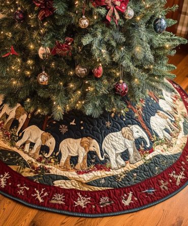 Pachyderm Party Quilted Christmas Tree Skirt — Playful Elephant Design Holiday Decor, 48In Quilted Cotton Blend, Machine Washable