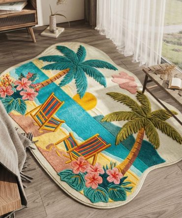 Palm Escape Custom-Shaped Area Rug — Tropical Leaf Silhouette Rug, Soft Indoor/Outdoor Floor Accent, Fade-Resistant & Easy Care
