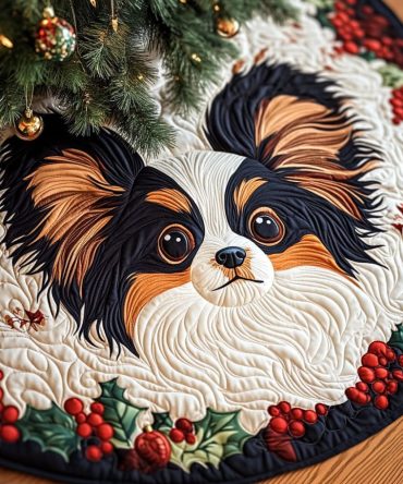 Among Blossoms Quilted Christmas Tree Skirt — Papillon Floral Holiday Base Cover, Quilted Festive Accent For Tree Displays