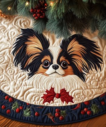 Papillon Charm Quilted Christmas Tree Skirt — Charming Dog-Themed Holiday Tree Base Cover, Soft Quilted Festive Accent