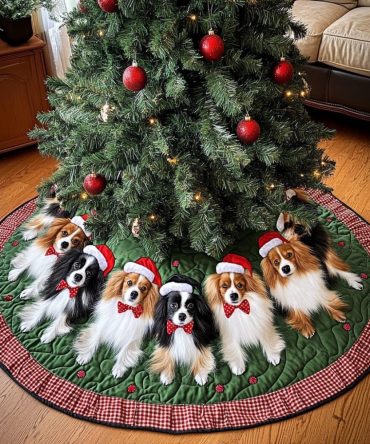 Papillon Christmas Joy Quilted Tree Skirt – Festive Quilted Base Cover, Papillon Holiday Accent To Brighten Your Christmas Display