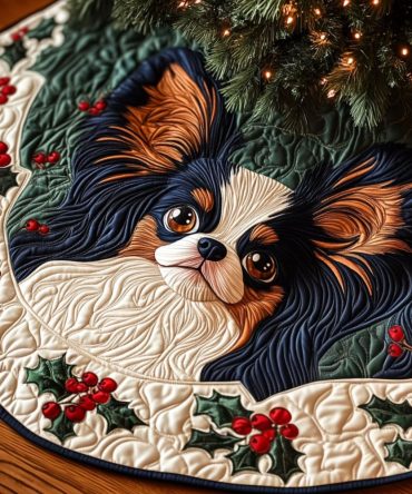 Dreamscape Papillon Quilted Christmas Tree Skirt — Elegant Holiday Dog Motif, Luxury Quilted Tree Base Cover For Festive Rooms