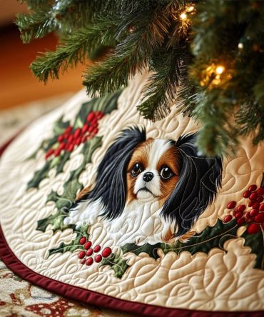 Fields Of Joy Quilted Christmas Tree Skirt — Papillon Dog Holiday Fabric Tree Base Cover, Elegant Quilted Seasonal Décor