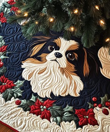 Garden Stroll Quilted Christmas Tree Skirt — Papillon Dog Floral Holiday Base Cover, Soft Quilted Festive Decoration