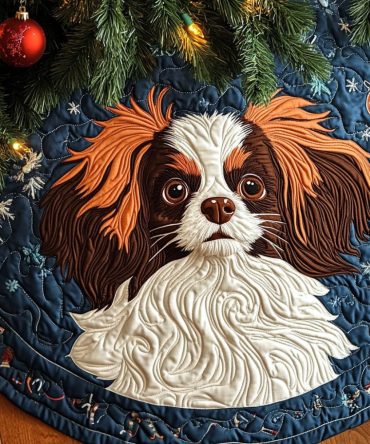 Meadow Breeze Quilted Christmas Tree Skirt — Papillon Dog Holiday Décor, Plush Quilted Tree Base Cover For Living Room
