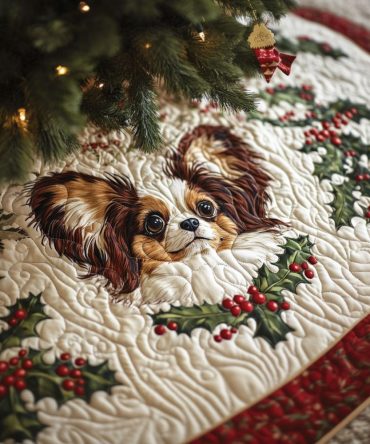 Playtime Papillon Quilted Tree Skirt - Whimsical Papillon Dog Holiday Accent, Cushioned Base For Presents And Seasonal Decorating