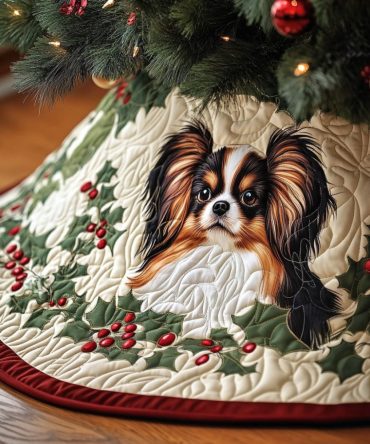 Radiance Papillon Quilted Christmas Tree Skirt - Elegant Papillon Dog Design For Festive Holiday Styling, Soft Quilted Finish