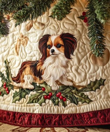 Parkside Papillon Quilted Christmas Tree Skirt — Charming Garden Dog Holiday Tree Base Cover, Festive Quilted Décor