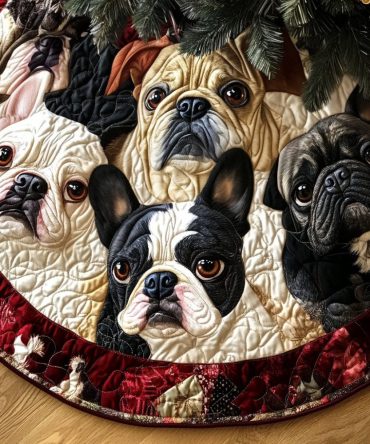 Parisian Paws Quilted Tree Skirt — Elegant French Bulldog Motif, Plush Quilting, Reversible & Easy-Care Holiday Accent For Stylish Décor