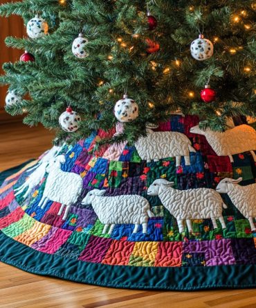 Hand‑Quilted Pasture Dreams Christmas Tree Skirt — Farmhouse Holiday Accent, Soft Cotton Layers, 48" Round Cozy Base