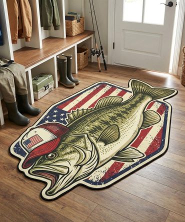 Patriot Bass Rug — Bold American-Themed Bass-Shaped Area Rug, Fade-Resistant Print, Heavy-Duty Backing For Porches, Patios & Man Caves