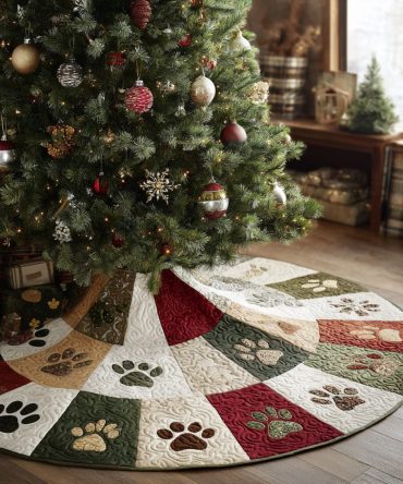 Paw Blessings Quilted Christmas Tree Skirt — Heartwarming Paw Motif Holiday Skirt, Perfect Gift For Pet Lovers & Families