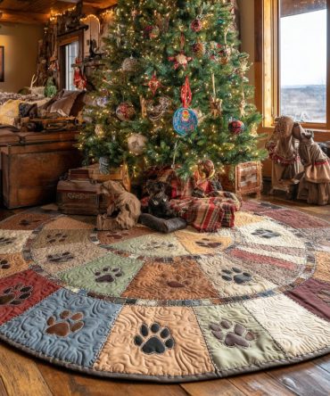 Paw Joy Quilted Christmas Tree Skirt — Joyful Pawprint Holiday Accent To Celebrate Pets, Add Warmth & Style To Seasonal Decor