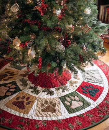 Paw Trails Quilted Christmas Tree Skirt - Pet-Themed Holiday Base Cover With Durable Quilting, Soft & Washable
