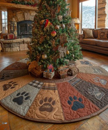 Pawprint Cheer Quilted Christmas Tree Skirt — Charming Pet Paw Pattern Holiday Skirt To Brighten Family & Pet-Friendly Homes