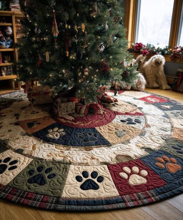 Pawprint Christmas Quilted Tree Skirt — Charming Pet-Themed Holiday Tree Skirt, Soft Quilted Fabric & Easy Care Design