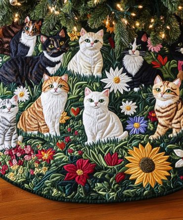 Pawprint Garden Quilted Tree Skirt — Adorable Paw-Print Holiday Base, Soft Cotton, Protective Tree Mat, Washable & Gift-Ready, Fits Most Tree Sizes