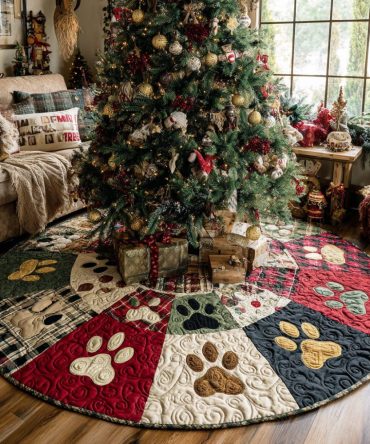 Pawprint Magic Quilted Christmas Tree Skirt — Playful Paw Motif Holiday Skirt To Make Pet-Friendly Seasonal Displays Extra Special