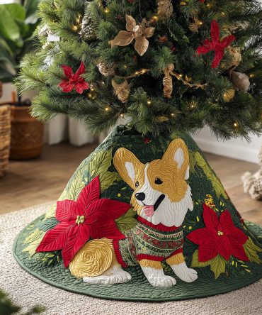 Paws & Poinsettias Quilted Christmas Tree Skirt – 48-Inch Holiday Tree Skirt With Playful Paws Design, Durable & Machine Friendly