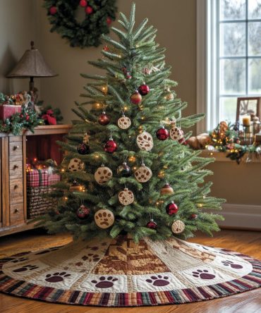 Paws Of Christmas Quilted Tree Skirt — Festive Pawprint Holiday Accent For Cozy Homes, Pet Lovers & Family Traditions