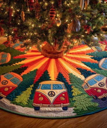 Peace Van Holiday Road Quilted Tree Skirt — Retro Caravan & Road Trip Themed Christmas Mat, Boho Quilted Holiday Base
