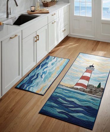 Peaceful Lighthouse Coastal Rug For Kitchen - Tranquil Lighthouse Artwork, Non-Slip Microfiber, Machine Washable, Comfortable Anti-Fatigue Mat