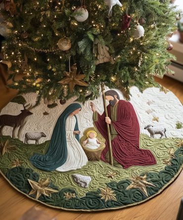 Peaceful Manger Quilted Christmas Tree Skirt — Tranquil Nativity Design, Quilted Holiday Skirt To Highlight Seasonal Displays
