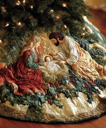 Peaceful Nativity Quilted Tree Skirt — Serene Religious Christmas Base Cover, Soft Quilting, Timeless Holiday Decoration & Gift