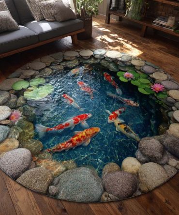 Pebble-Inspired Koi Area Rug - Plush Round Decorative Floor Mat With Tranquil Koi Stream Design, Non-Slip & Stain-Resistant For Living Room
