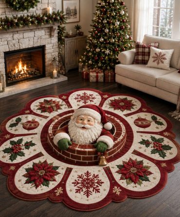 Peeking Santa Shaped Area Rug — Playful Santa Claus Holiday Floor Mat, Plush & Soft, Anti-Slip, Great For Entryways & Kids' Spaces