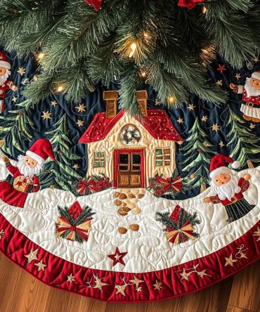 Peppermint Path Quilted Tree Skirt - Candy Stripe Applique, Bright Red And White Quilting, 48-Inch Festive Holiday Accent, Durable Cotton Batting, Machine Washable, Perfect For Kids' Trees