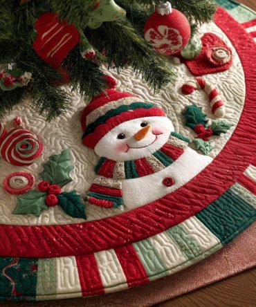 Peppermint Quilted Christmas Tree Skirt With Snow Accent - Festive Red & White Holiday Base Cover, Soft & Long-Lasting