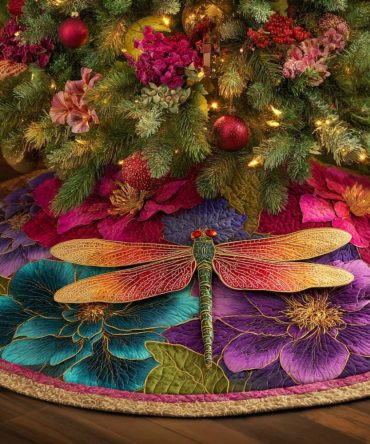 Petal Whispers Dragonfly Quilted Tree Skirt — Whimsical Floral & Dragonfly Holiday Décor, Soft Cotton-Blend, Reversible, Fits Standard Trees