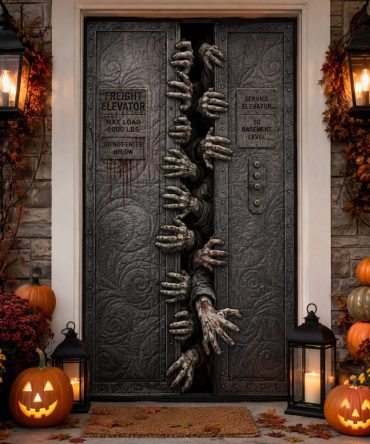 Phantom Elevator Quilted Halloween Door Cover — Spooky Elevator-Themed Front Door Panel For Porch & Haunted House Decor
