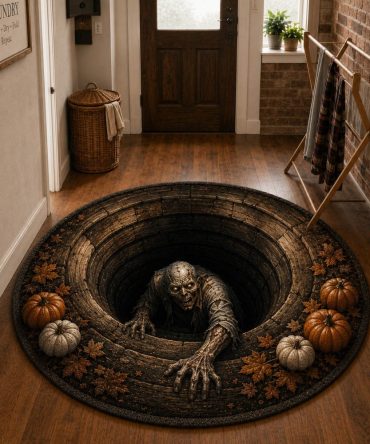 Phantom Hollow Round Area Rug — Moody Gothic-Inspired Round Accent Rug, Soft Low-Pile Carpet, Fade-Resistant Print, Indoor Decorative Mat