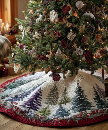 Pinewood Magic Quilted Christmas Tree Skirt — Rustic Woodland Holiday Tree Base Cover With Pine & Evergreen Appliqué, Plush Insulation
