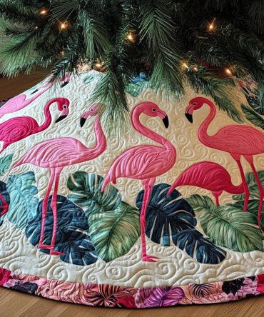 Pink Oasis Quilted Christmas Tree Skirt - Soft Pink Tropical Holiday Skirt With Subtle Botanical Motifs, Quilted & Cushioned
